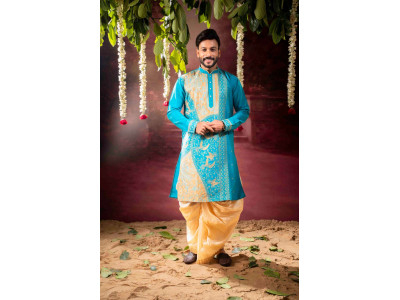 Men’s Traditional Raw Silk Wedding & Festive Kurta with Dhuti Set 