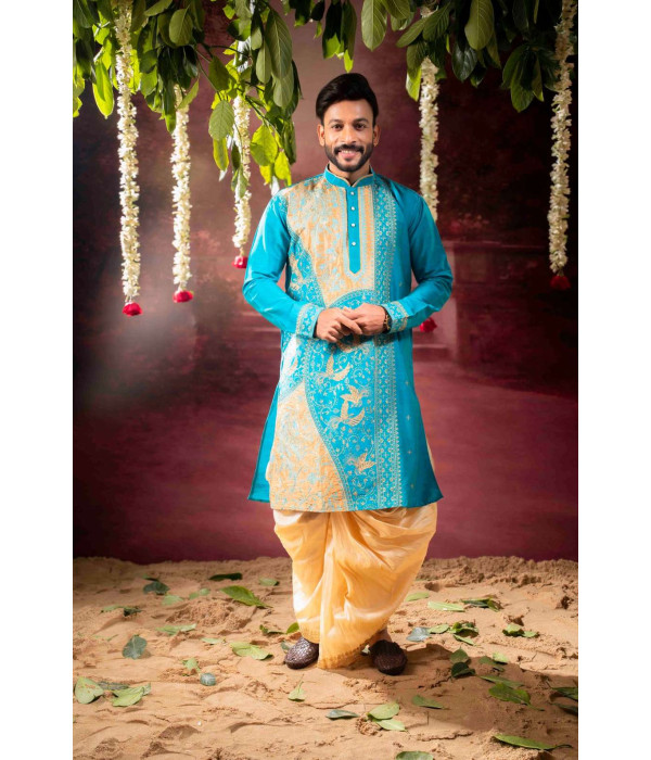 Men’s Traditional Raw Silk Wedding & Festive Kurta with Dhuti Set 