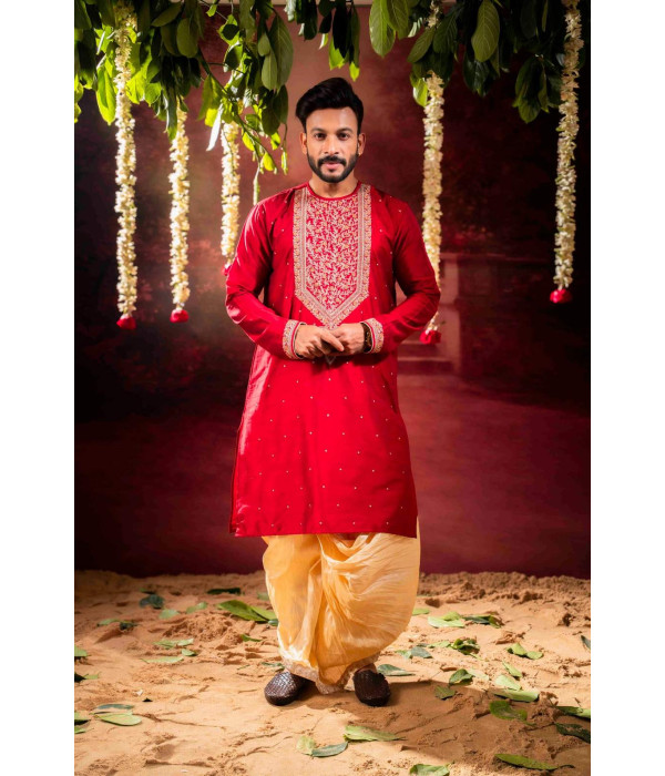 Men’s Royal Raw Silk Wedding Wear Dhuti Set 