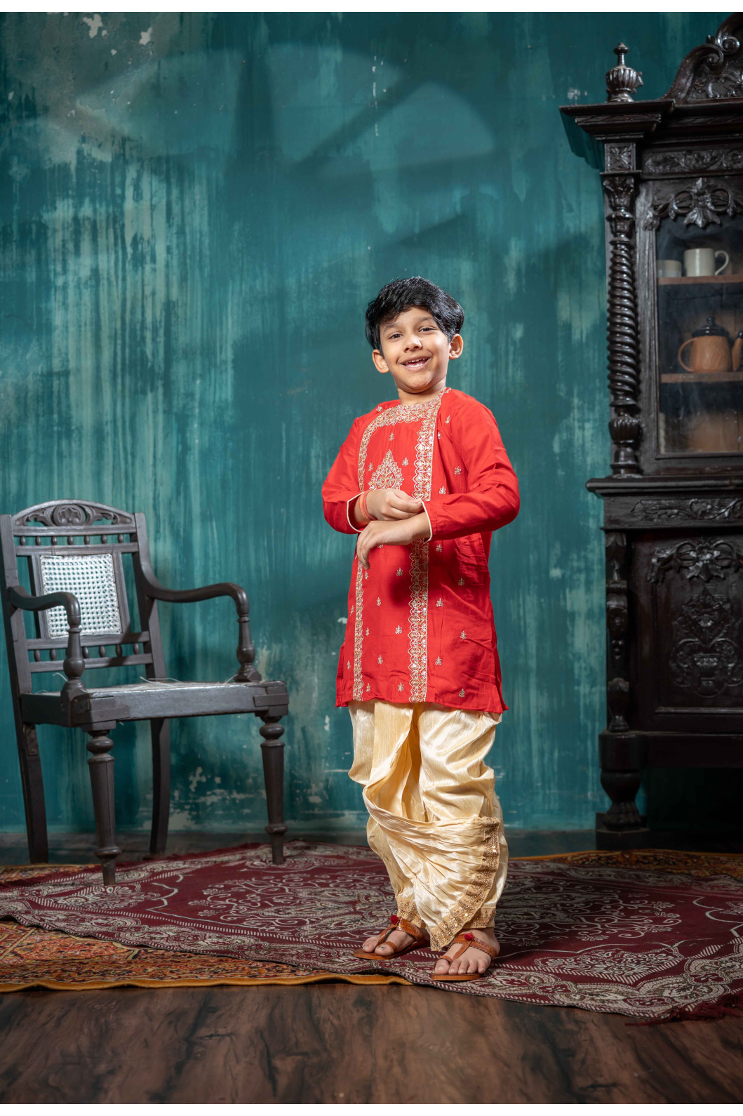 Boys’ Classic Katan Silk Pattern Work Kurta with Dhuti Set