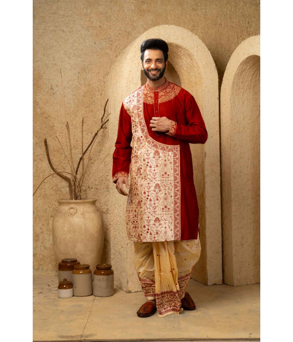 Men’s Elegant Cotton Silk Occasion Kurta with Dhuti Set 