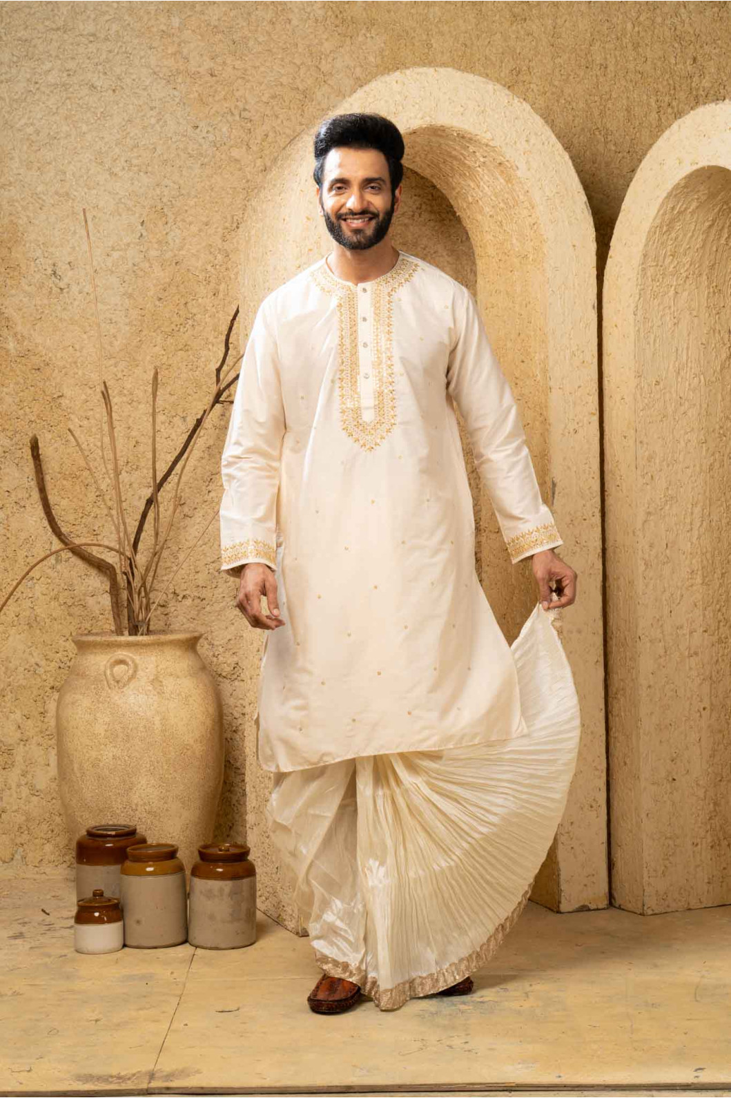 Men’s Classic Raw Silk Side-Neck Kurta with Dhuti Set 