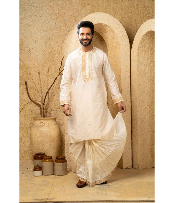 Men’s Classic Raw Silk Side-Neck Kurta with Dhuti Set 
