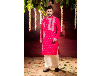 Men’s Classic Raw Silk Side-Neck Kurta with Dhuti Pant Set 