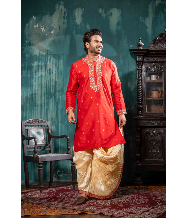 Men’s Raw Silk Kurta with Dhoti Set