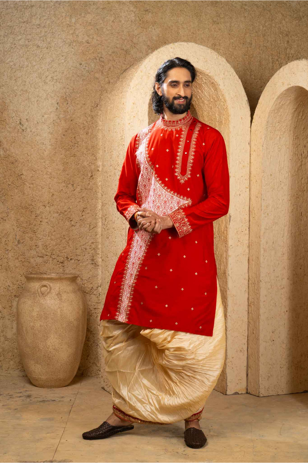 Men’s Royal Raw Silk Wedding Wear Dhuti Set 