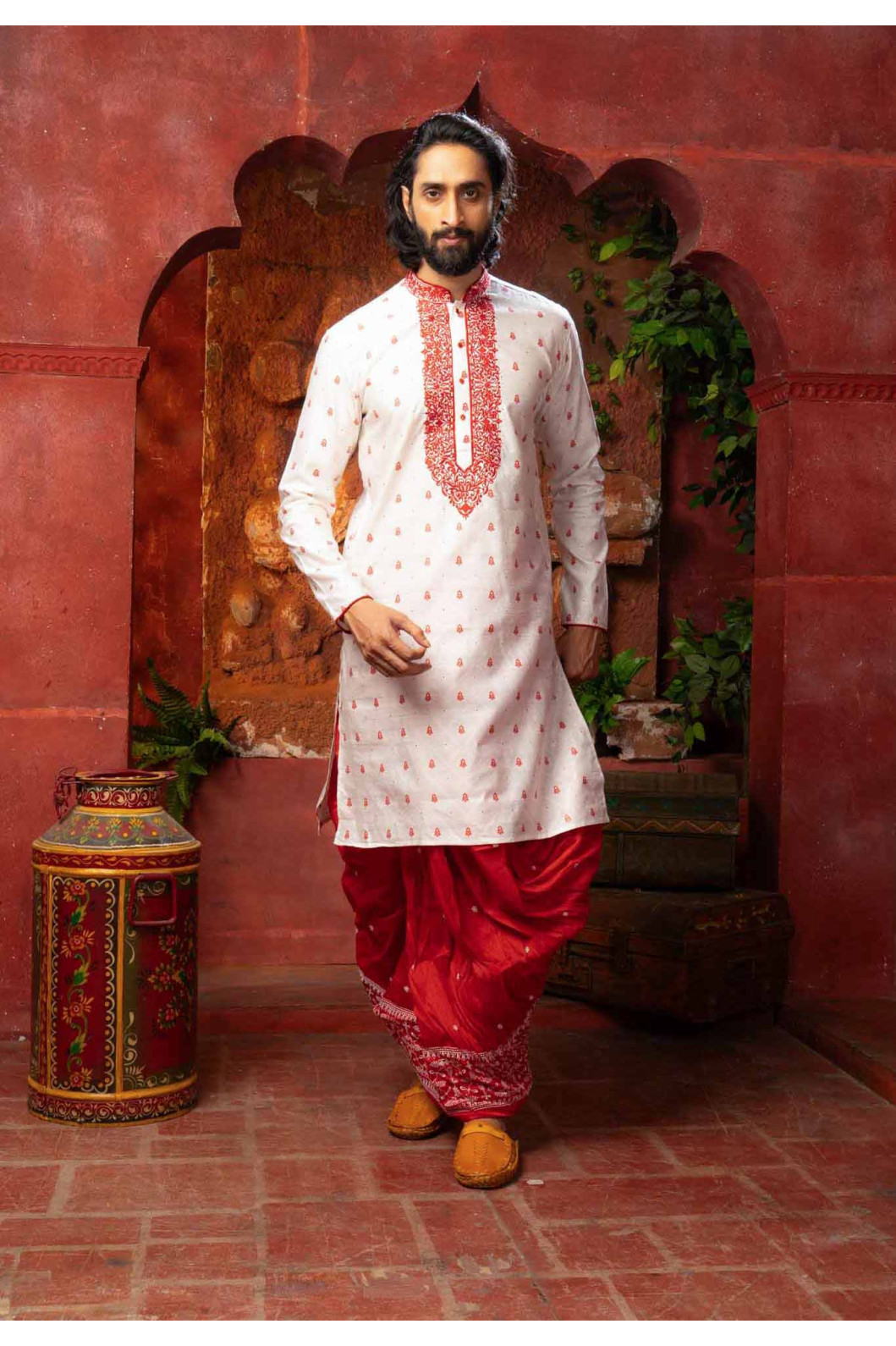 Men’s Classic Raw Silk Side-Neck Kurta with Dhuti Set 