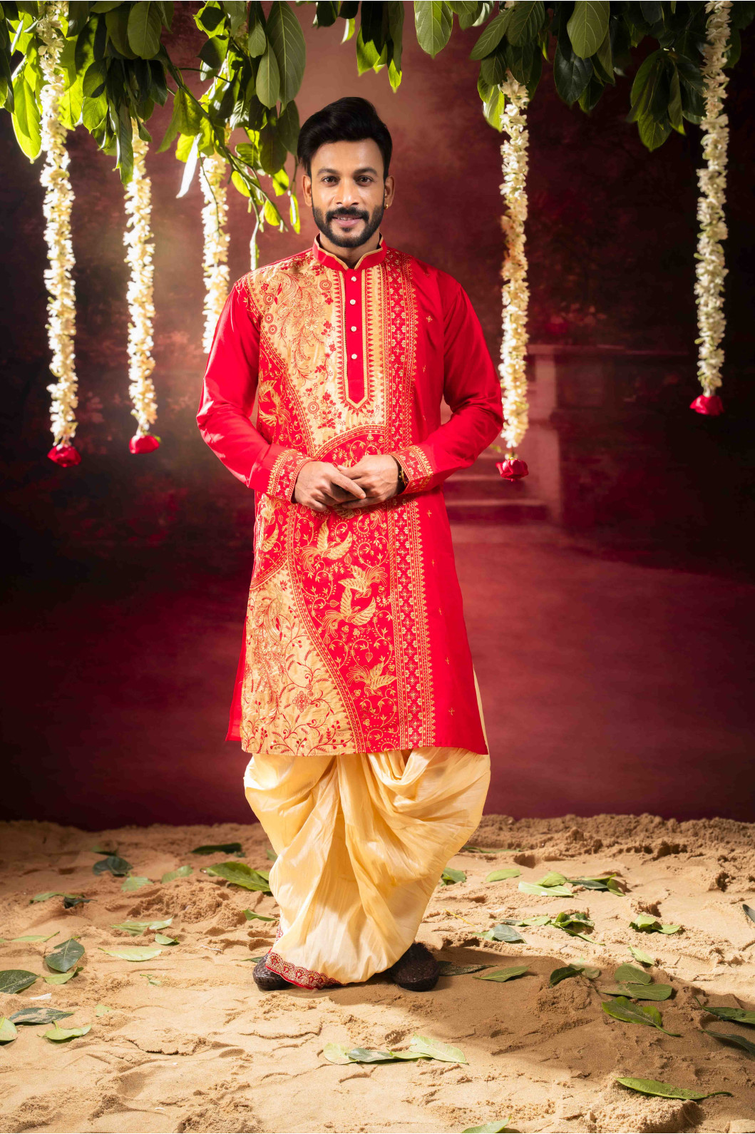 Men’s Traditional Raw Silk Wedding & Festive Kurta with Dhuti Set 