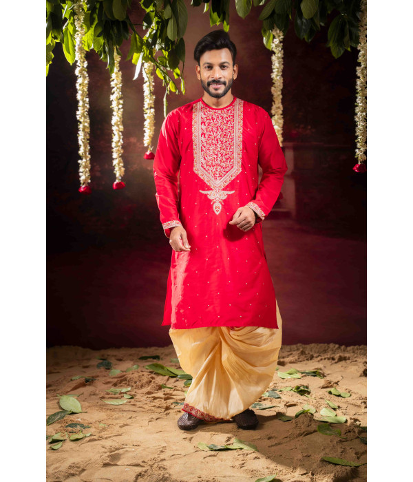 Men’s Royal Raw Silk Wedding Wear Dhuti Set 