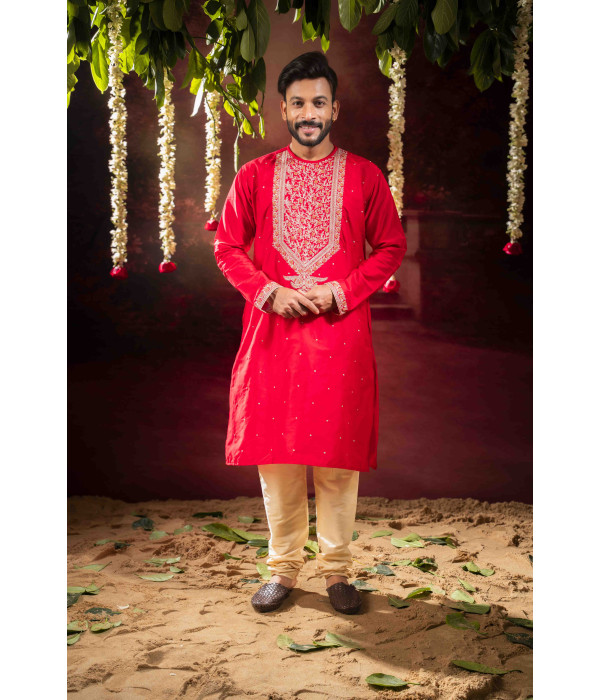Men’s Royal Raw Silk Wedding Wear Pyjama Set 