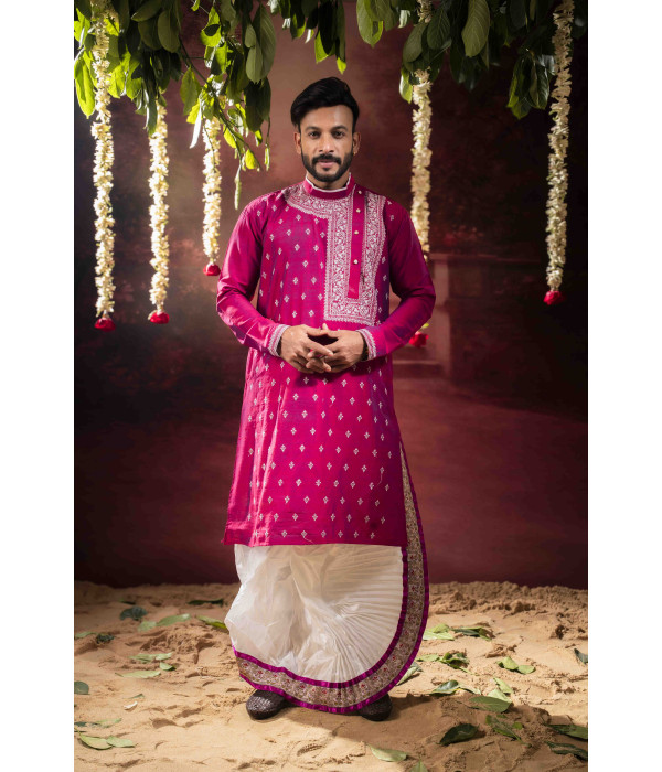 Men’s Classic Raw Silk Side-Neck Kurta with Dhuti Set 