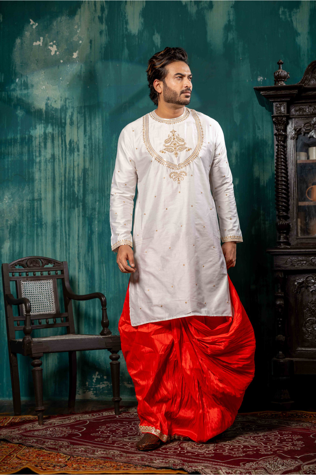 Men’s Classic Semi Katan Silk Kurta with Dhoti Set
