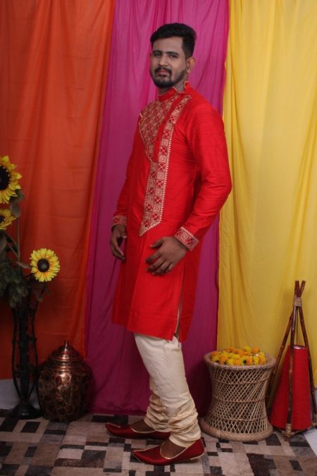 Men's Ethnic Regular Fit Chest Embroidery Work Kurta Dhoti