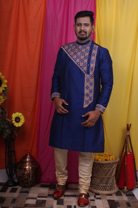 Men's Long Floral Print Embroidery Work Kurta Pajama