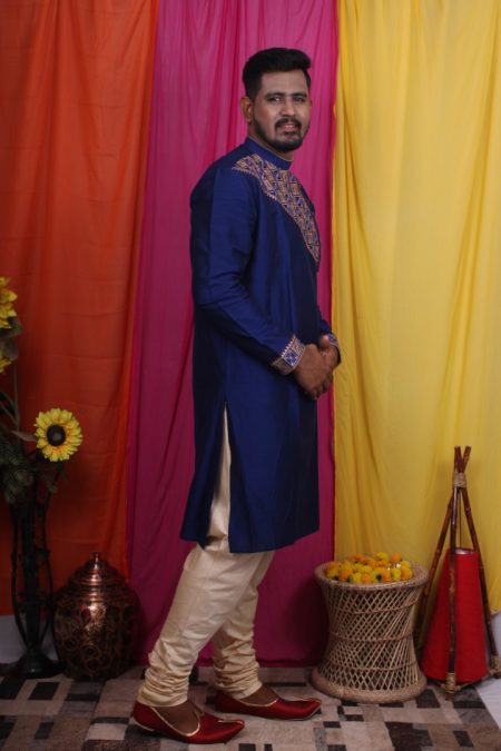 Men's Long Floral Print Embroidery Work Kurta Dhoti