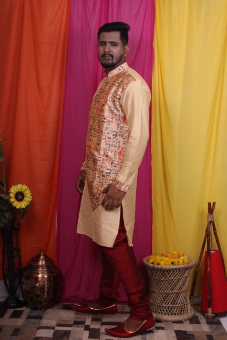 Men's White Raw Silk Red Embroidery Work Dhoti Kurta