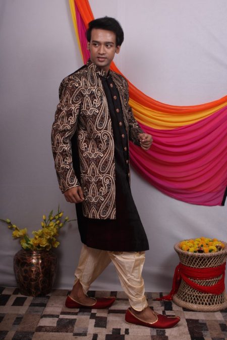 Men’s Handwork Raw Silk Round Neck Kurta with Dhoti