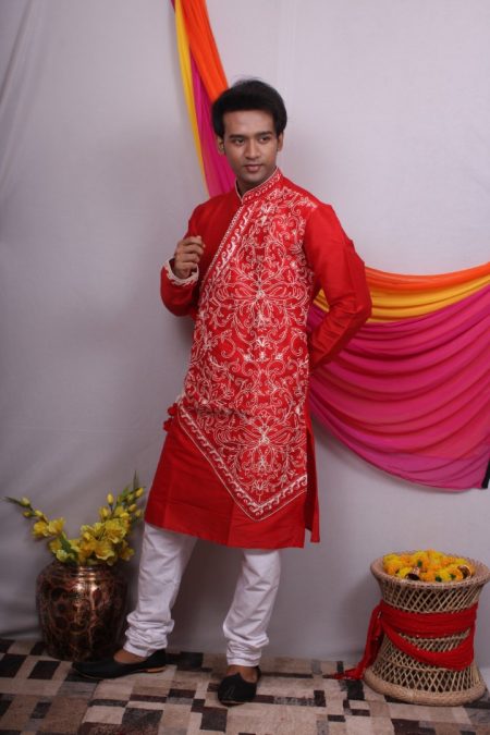 Men’s Premium Embroidered Kurta Pajama – White & Red Festive Edition An Outfit That Reflects Class & Heritage.