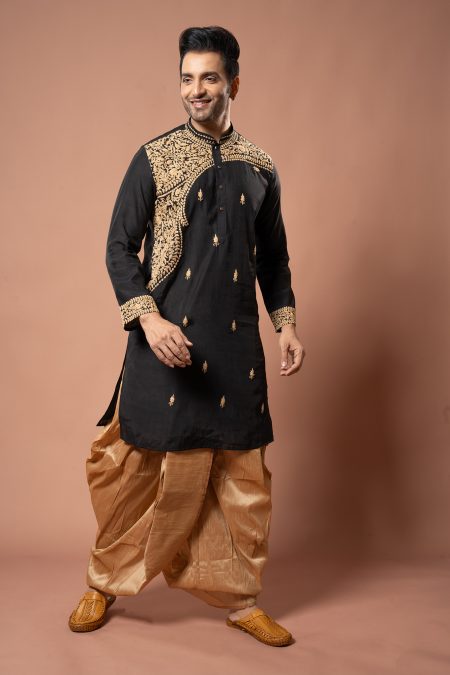 Men's Black traditional Embroidery Work Kurta Dhoti