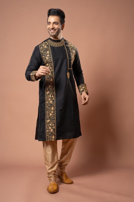 Men's Bengal Style Front Embroidery Work Kurta Pajama