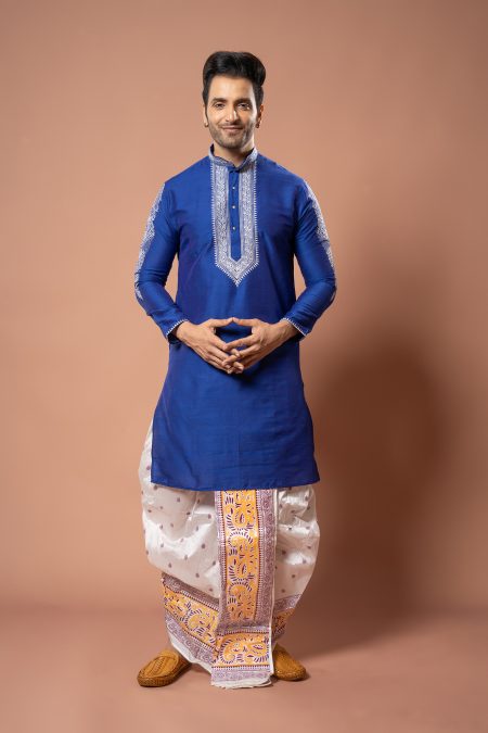 Men's Royal Blue Front Chest Locket Work Kurta Dhoti