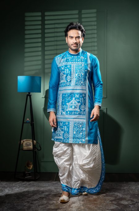 Men’s Premium Raw Silk Embroidered Kurta with Dhoti
