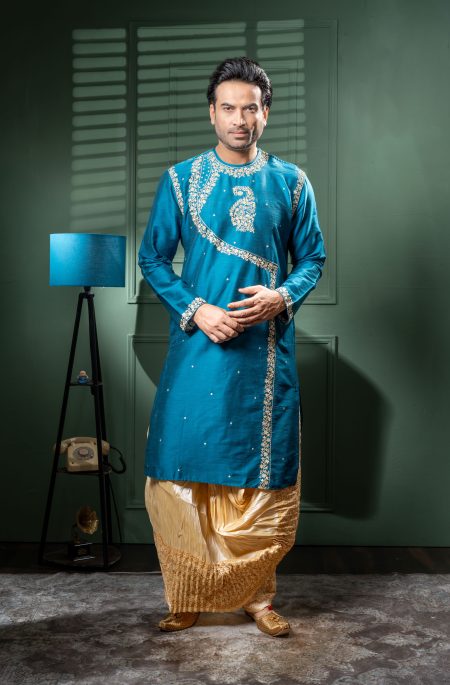 Men’s Handwork Raw Silk Round Neck Kurta with Dhoti