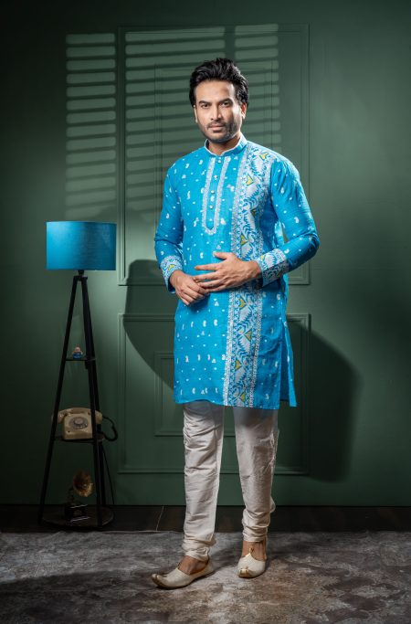 Men’s Raw Silk Kurta with Jamdani Embroidery & Pajama Se
