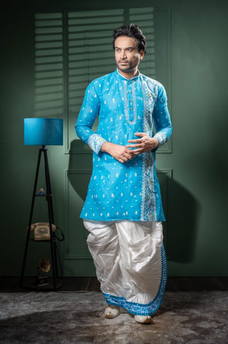 Men’s Raw Silk Kurta with Jamdani Embroidery & Dhoti Set