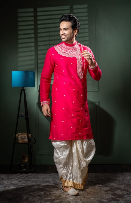 Men’s Designer Side-Neck Wedding Kurta Dhoti Set
