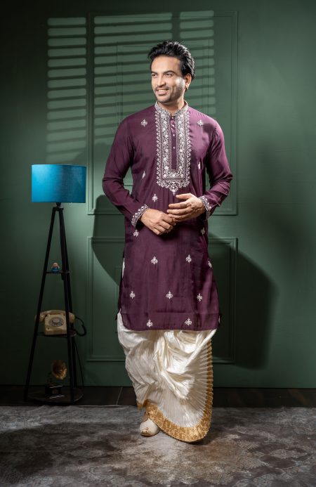 Men’s Premium Katan Silk Hand-Embroidered Kurta Dhoti Set “A Regal Touch for Every Celebration"