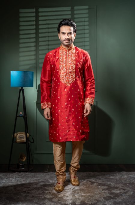 Men’s Dupion Silk Kurta Dhoti Set with Allover Embroidery “Celebrate Tradition in Royal Style.”
