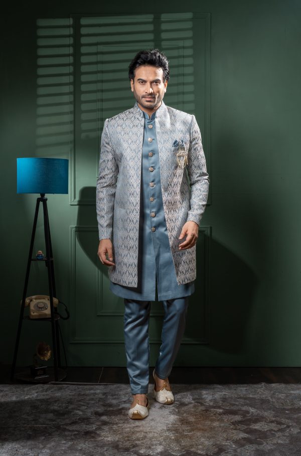 Men’s Blue Jacquard Indo-Western Sherwani Set – Premium Wedding & Reception Wear “Tradition wrapped in lavender luxury.” 1 DSC08862 Edit