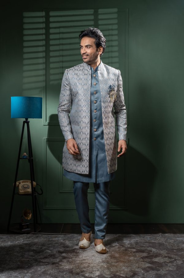 Men’s Blue Jacquard Indo-Western Sherwani Set – Premium Wedding & Reception Wear “Tradition wrapped in lavender luxury.” 2 DSC08863