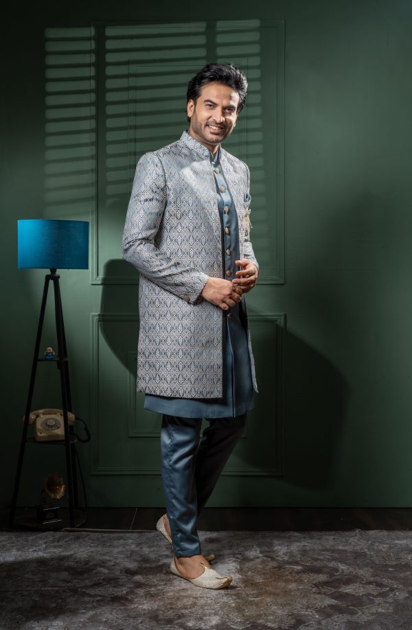 Men’s Blue Jacquard Indo-Western Sherwani Set – Premium Wedding & Reception Wear “Tradition wrapped in lavender luxury.” 3 DSC08864 Edit