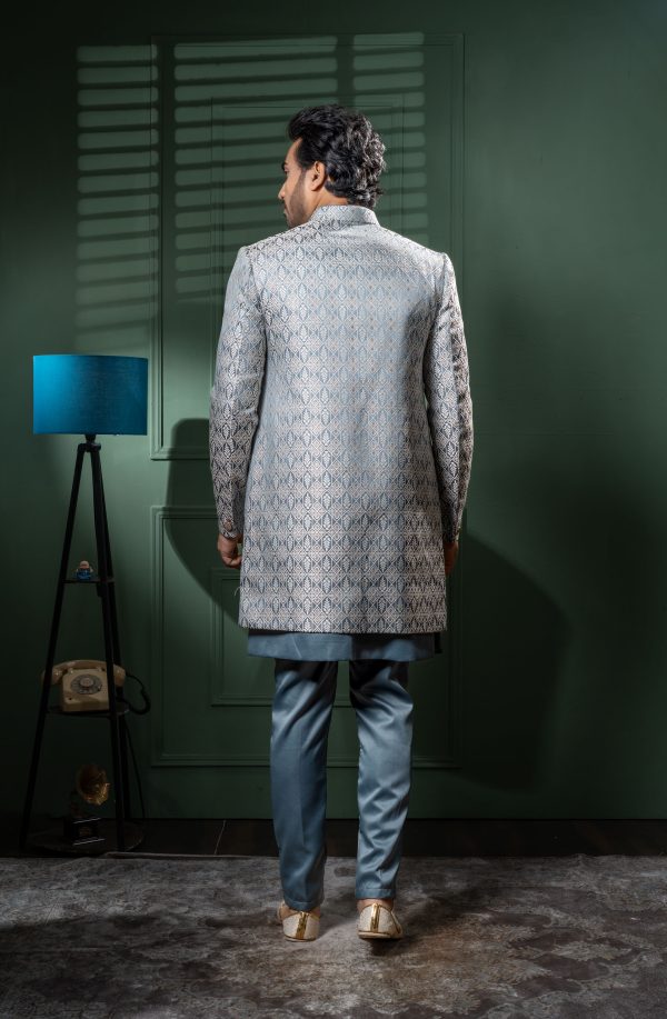 Men’s Blue Jacquard Indo-Western Sherwani Set – Premium Wedding & Reception Wear “Tradition wrapped in lavender luxury.” 4 DSC08866 Edit