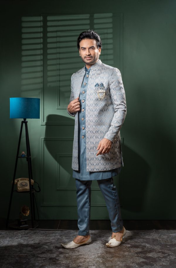 Men’s Blue Jacquard Indo-Western Sherwani Set – Premium Wedding & Reception Wear “Tradition wrapped in lavender luxury.” 5 DSC08867 Edit