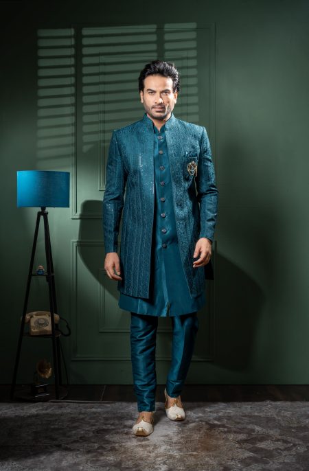 MEN’S Open Indo-Western Sherwani – Premium Wedding & Reception Wear “Classic tradition, redefined with modern flair.”