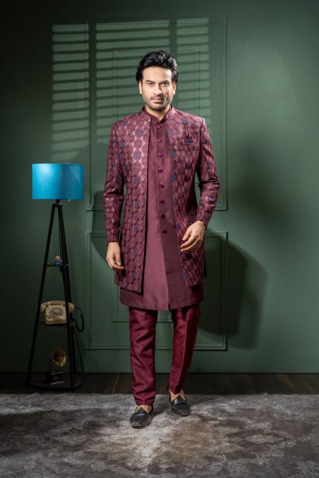 MEN’S Premium Wine Wedding Sherwani – Elegant Party & Festive Wear “Stand out with regal charm.”