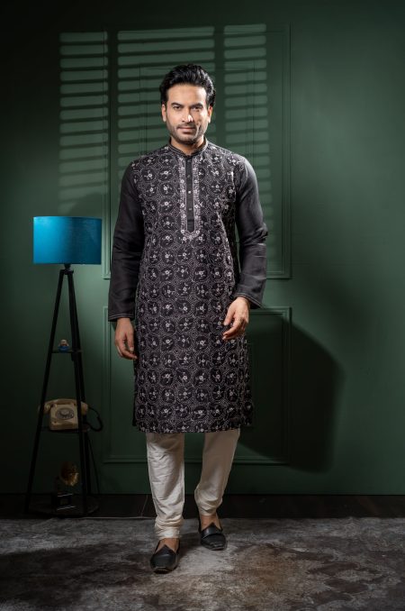 Men’s Katan Silk Kurta Pajama with Intricate Allover Work Timeless Texture. Royal Finish