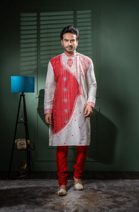 Men’s Premium Embroidered Kurta Pajama – White & Red Festive Edition An Outfit That Reflects Class & Heritage.