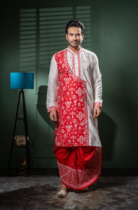 Men’s Allover Embroidered Kurta Dhoti Set – Red & Ivory Silk Ensemble Celebrate in Rich Detail and Regal Style.