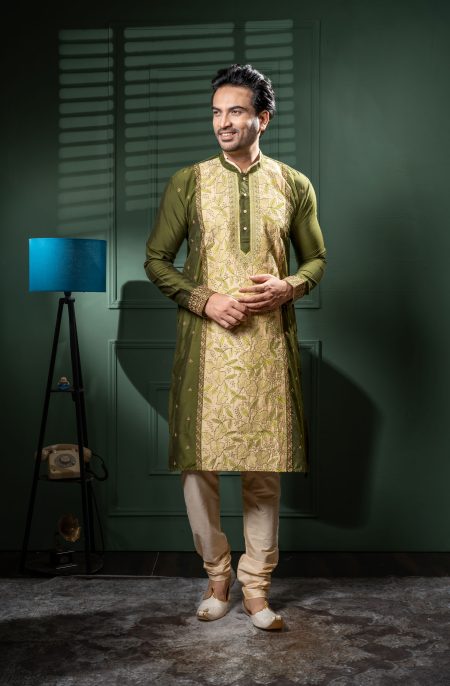 Men’s Mehendi RAW Silk Kurta Pajama Set for Festive Occasions Wear the Celebration in Every Thread.