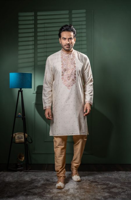 Men’s Cream Katan Silk Embroidered Kurta Pajama Set “Designed for the perfect festive vibe.”